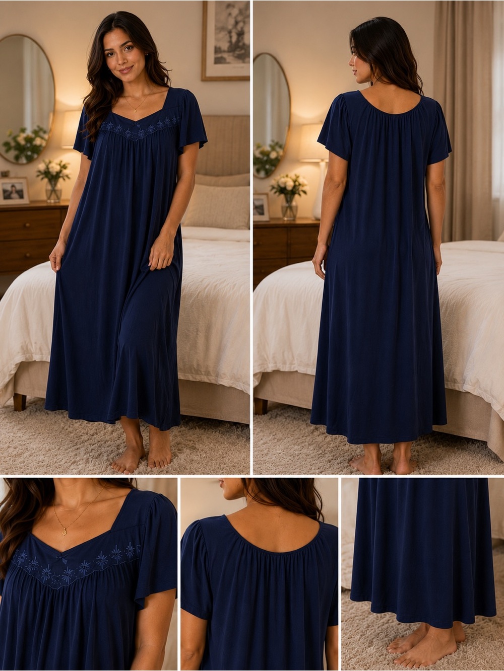 🌙✨🆕🏷️ Miss Elaine Essentials Nightgown PM Petite Medium Navy Embroidered - Picture 2 of 16